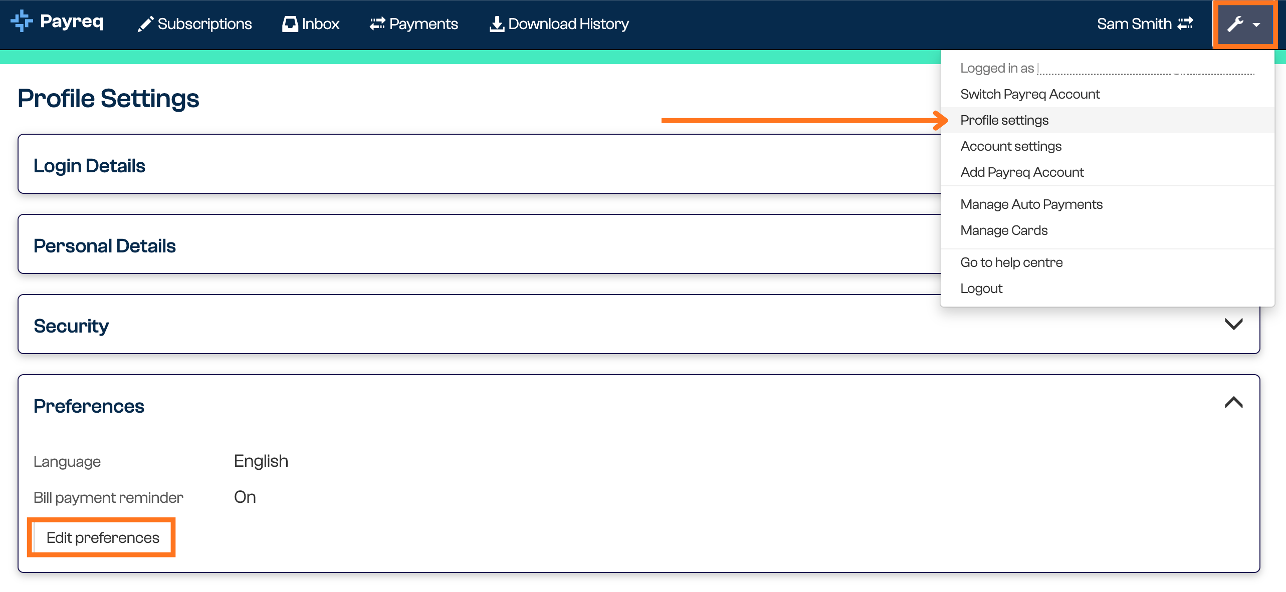 Profile settings with Preferences expanded, Bill payment reminder set to On, and the Edit preferences button highlighted