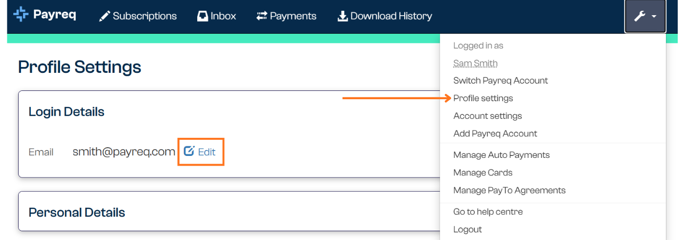 Profile settings showing Login Details