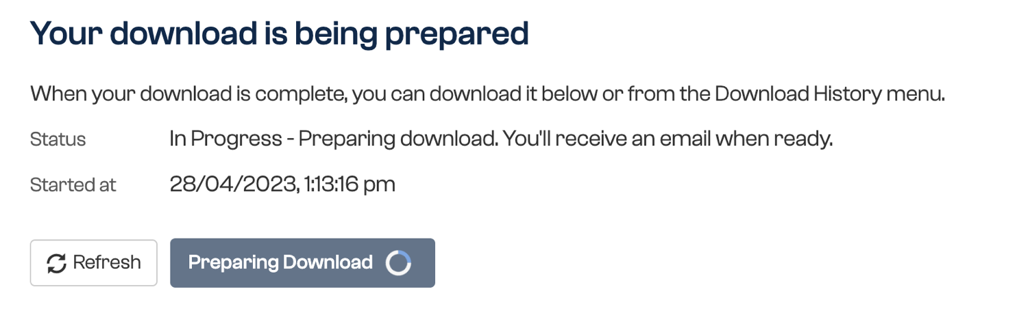 Payreq download preparation page showing that the download is being prepared and a Refresh button