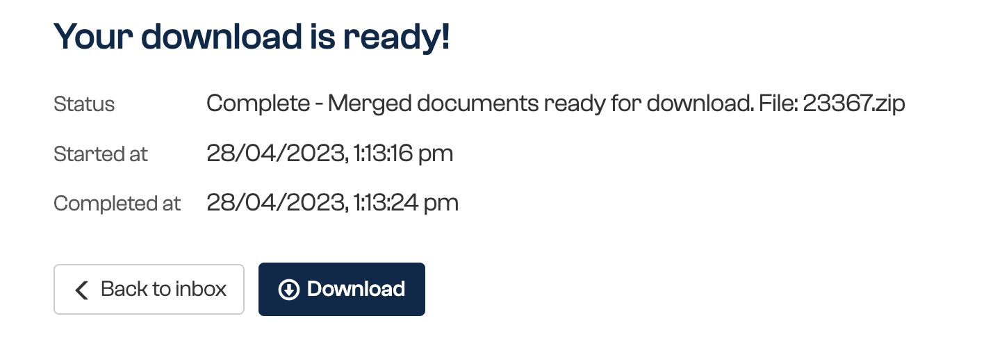 Completed Payreq download page showing that the download is ready, with Back to inbox and Download buttons