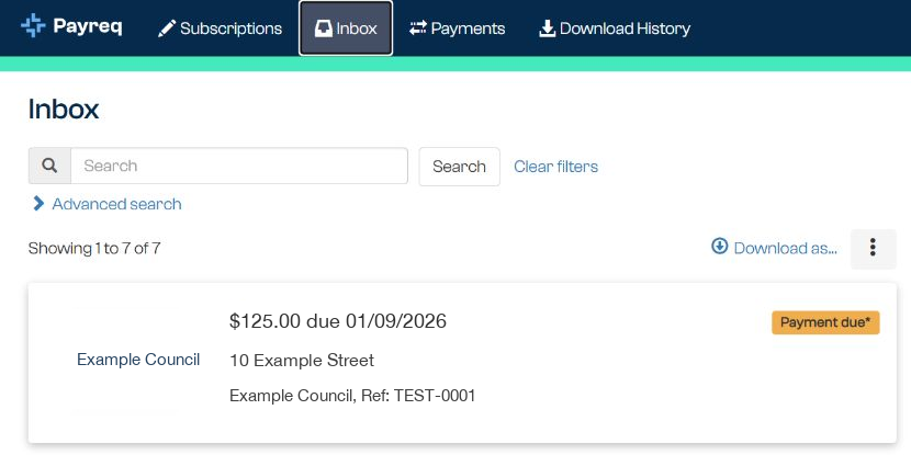 Boîte de réception Payreq avec les outils de recherche et un exemple de facture marquée Paiement dû