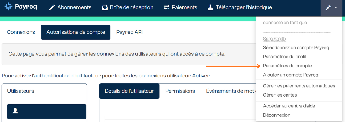 Écran des paramètres du compte et des autorisations du compte