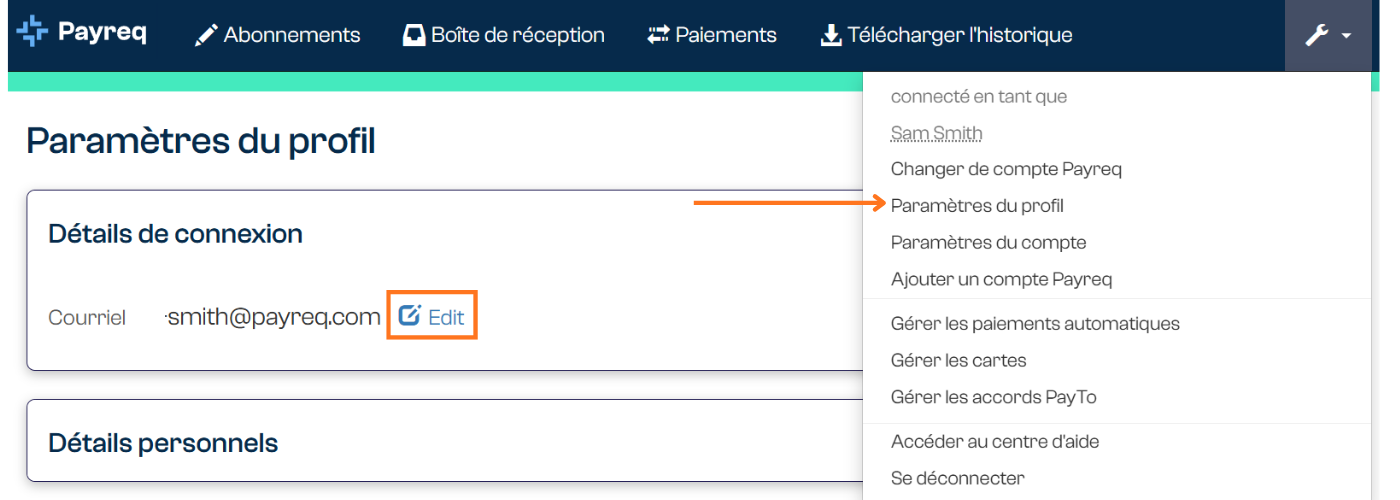 Paramètres du profil montrant les détails de connexion