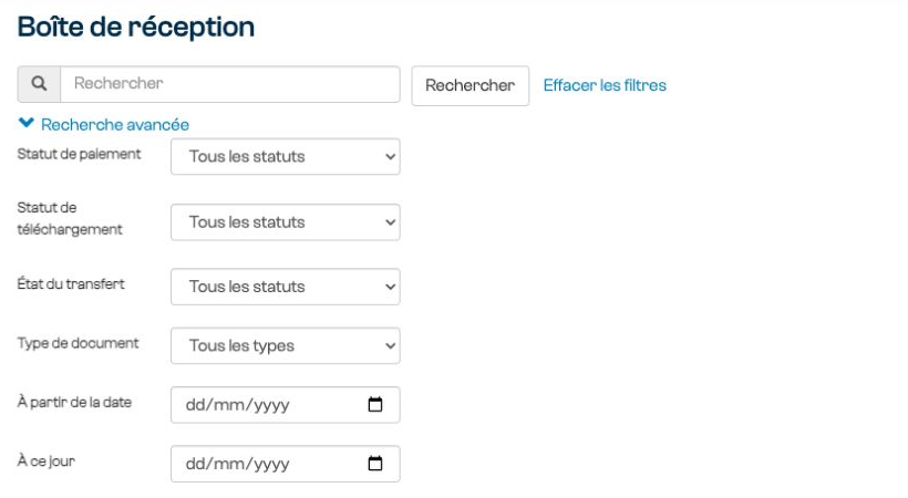 Filtres avancés de la boîte de réception : paiement, téléchargement, transfert, type de document et dates.