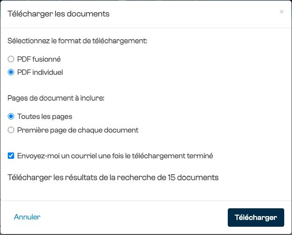 Options de téléchargement des documents : format PDF, pages à inclure et courriel de confirmation.