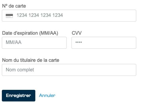 Champs pour ajouter une carte : numéro, expiration, CVV et nom du titulaire.