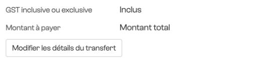 Options de taxe et de montant à payer pour le transfert MYOB.