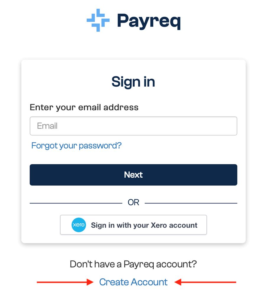 Payreq sign-in page showing the Create Account link below the sign-in form