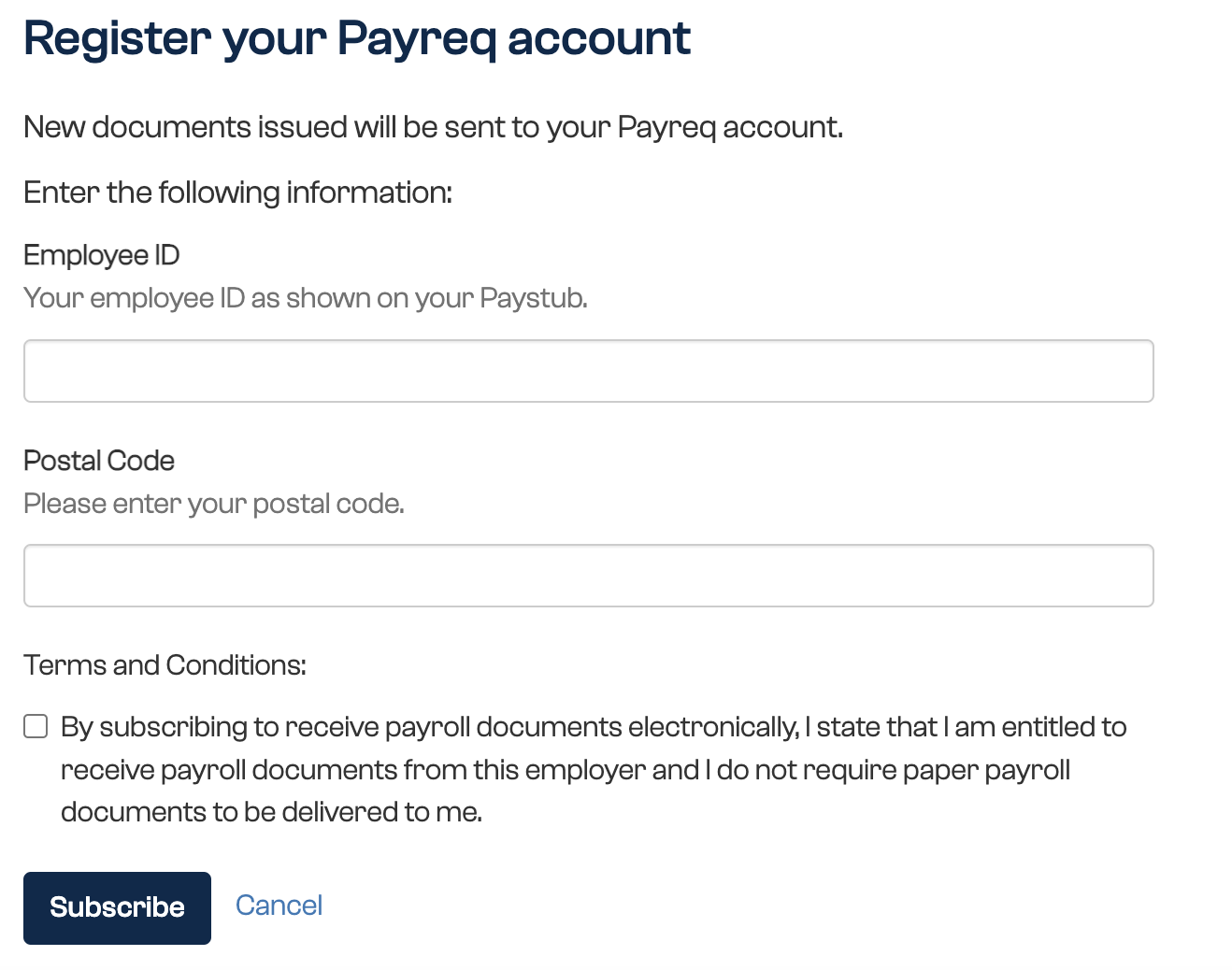 Example Payreq payroll registration form with Employee ID and Postal Code fields