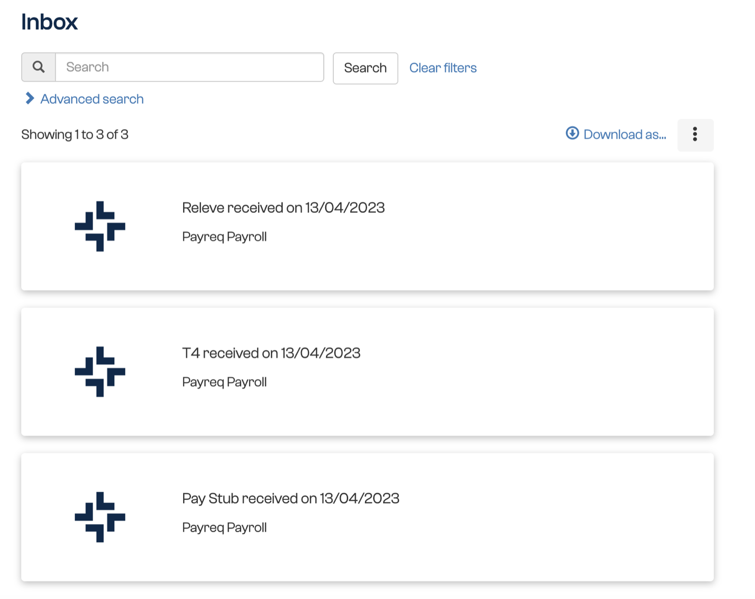 The Inbox listing three Payreq Payroll documents, a Releve, a T4 and a Pay Stub, with the Search box, Advanced search link and the Download as... control above