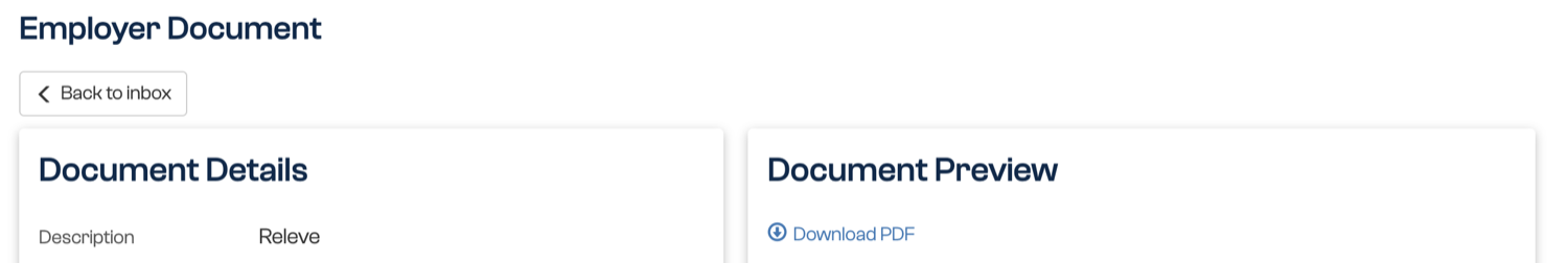 The Employer Document page with Back to inbox, the Document Details panel showing the Description, and the Document Preview panel with the Download PDF link