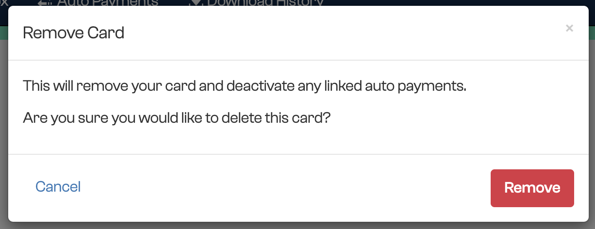 The Remove Card confirmation warning that removing the card will deactivate linked auto-payments