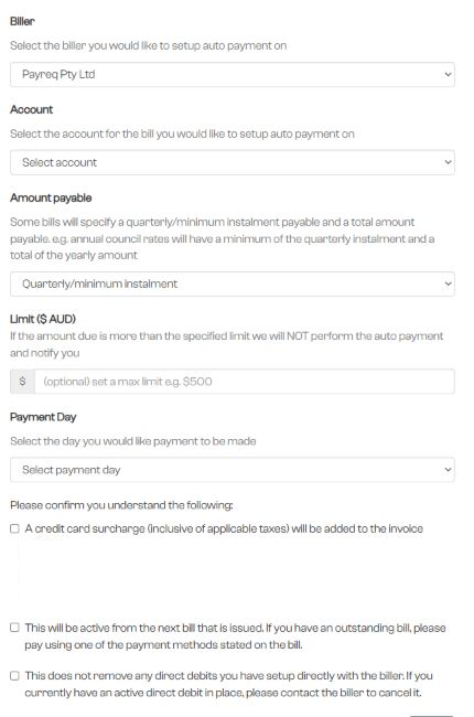 Formulaire de configuration d’un paiement automatique avec l’émetteur, le compte, le montant, la limite, le jour de paiement et les commandes de confirmation
