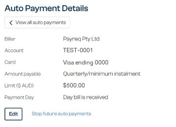 Détails d’un paiement automatique avec des valeurs d’exemple neutres et les actions Modifier et Arrêter les paiements automatiques futurs