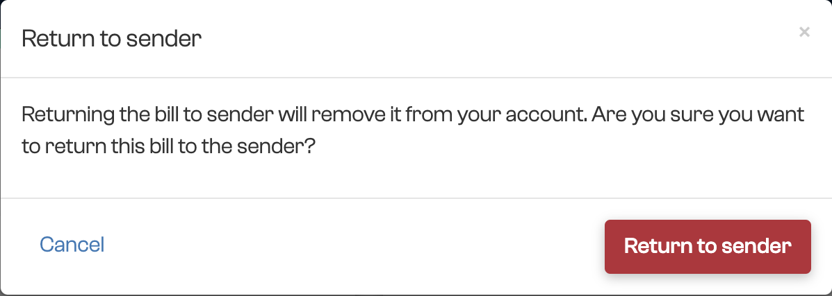 The Return to sender confirmation warning that the bill will be removed from the account