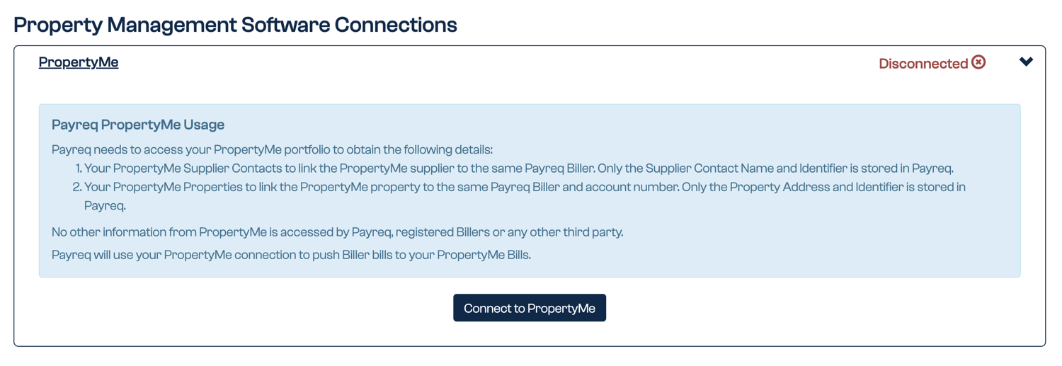 The disconnected PropertyMe connection showing the Payreq PropertyMe Usage notice and Connect to PropertyMe button