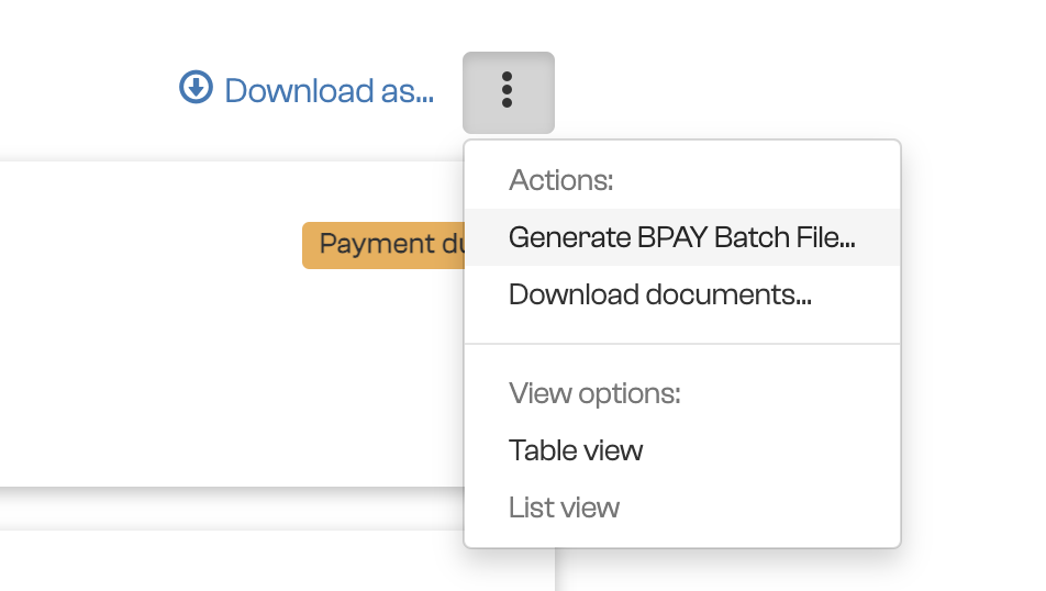 The Payreq Group Inbox actions menu with Generate BPAY Batch File and Download documents