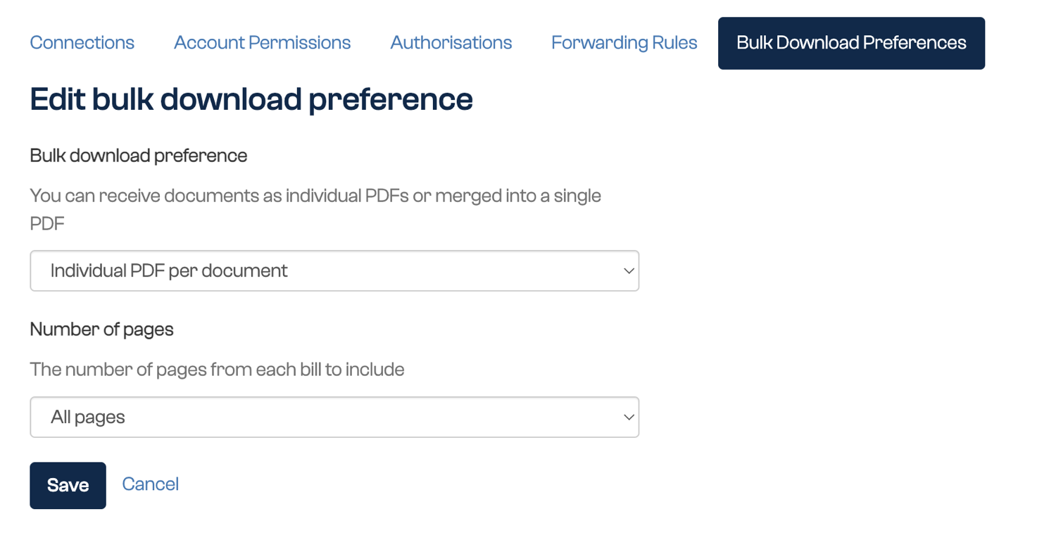 The Edit bulk download preference form with Individual PDF per document, All pages, Save and Cancel