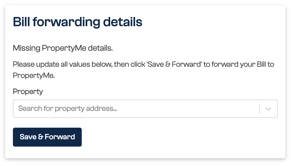 Panneau de transfert de facture avec Détails PropertyMe manquants, le champ de recherche de propriété et Enregistrer et transférer