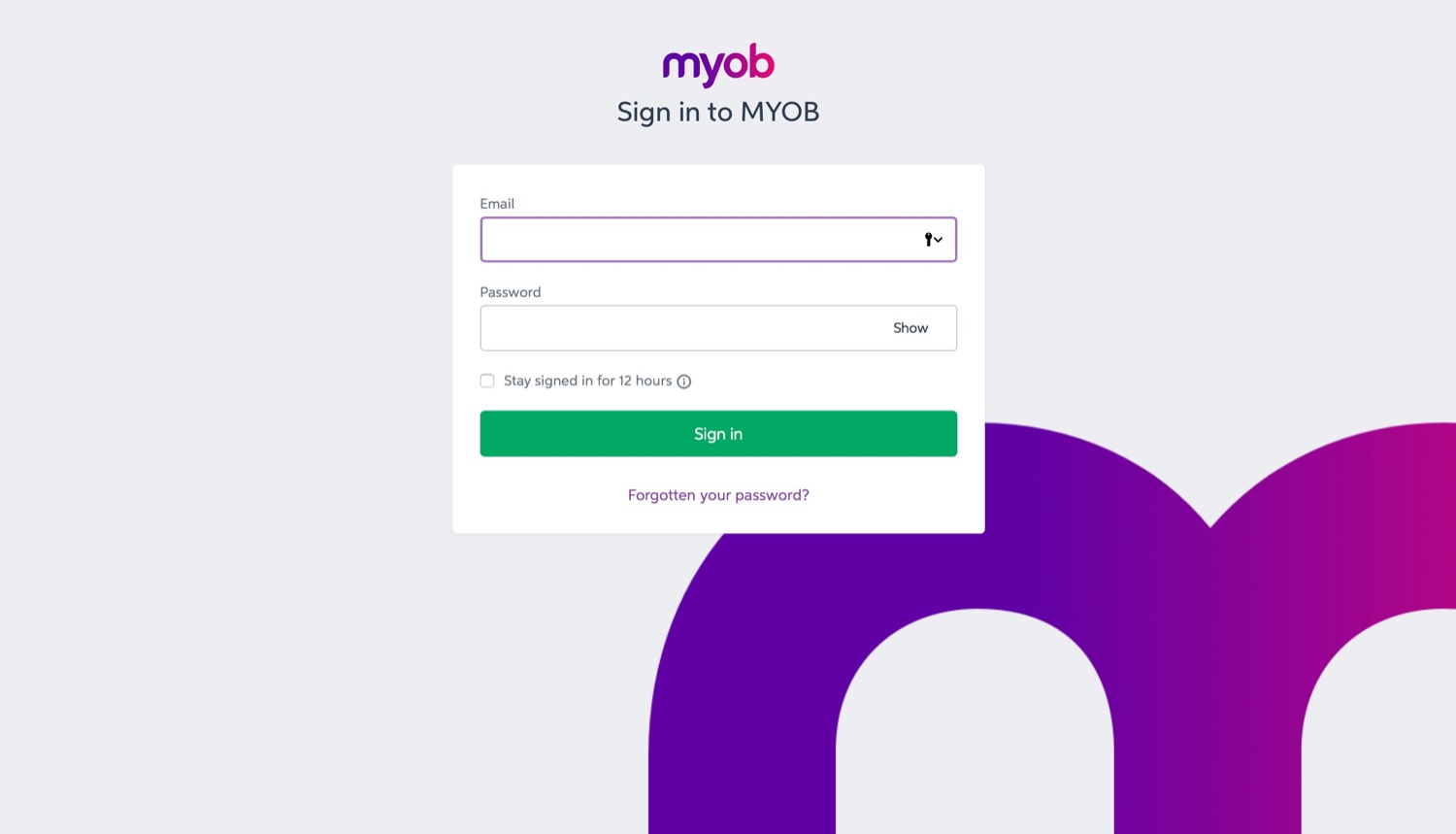 The MYOB sign-in page with empty email and password fields