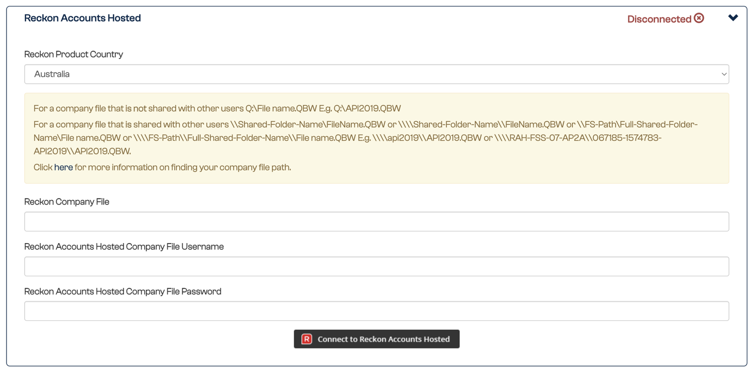 The disconnected Reckon Accounts Hosted connection form with empty company-file, username and password fields