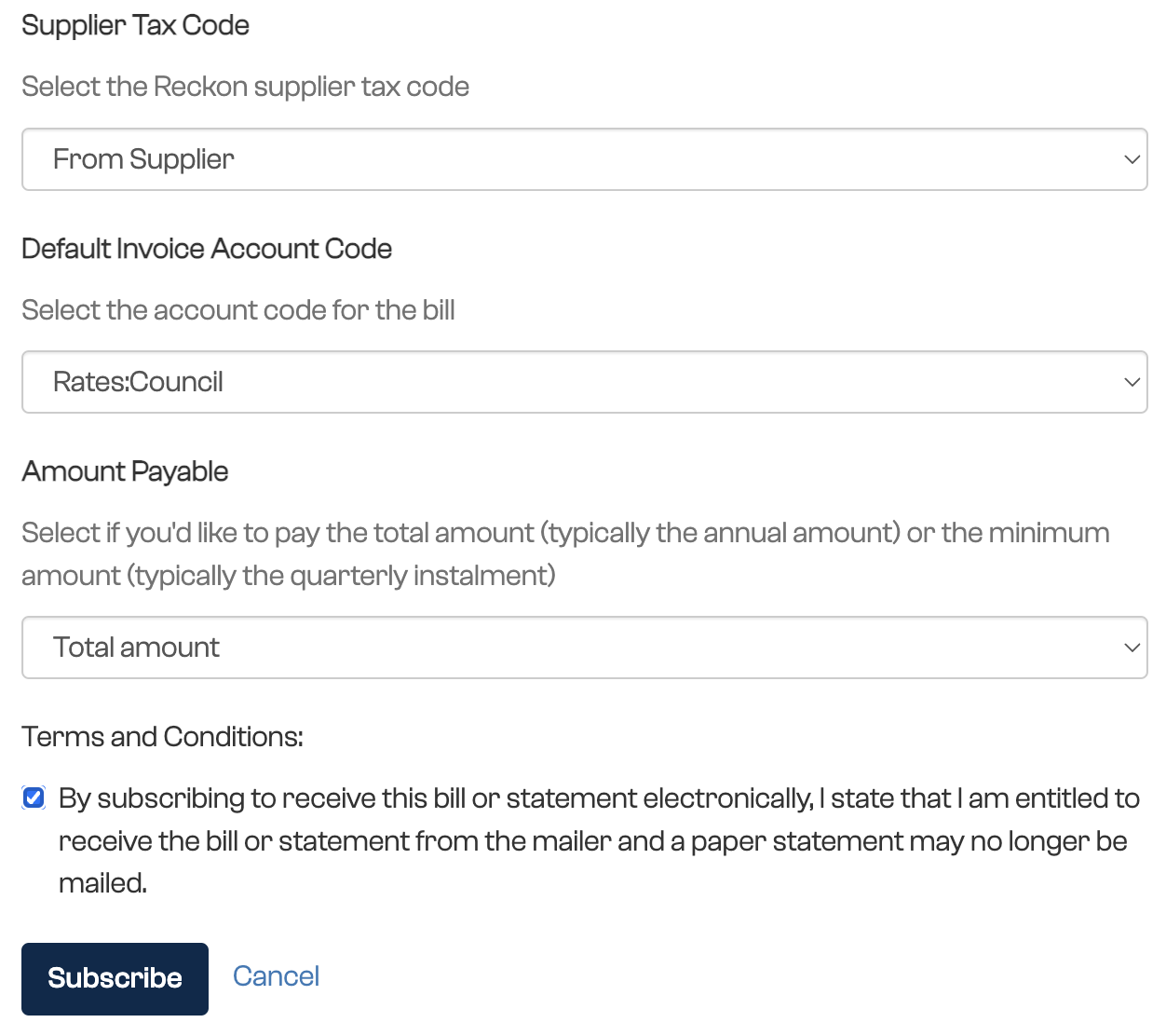 The Reckon subscription fields for supplier tax code, invoice account code and amount payable