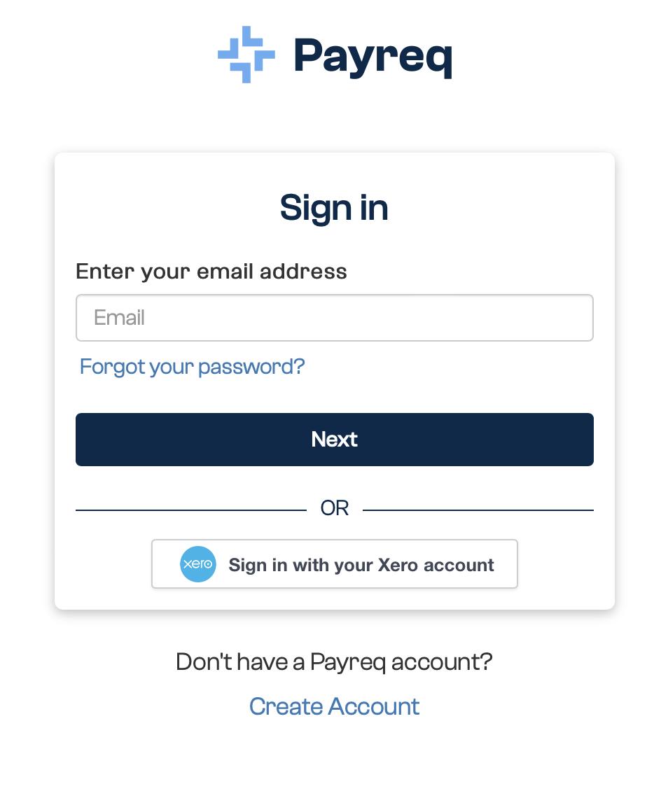 The Payreq sign-in page with the option to sign in using a Xero account