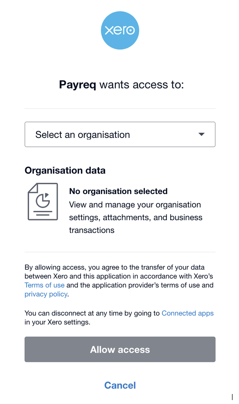 The Xero consent screen with the organisation selector and Allow access button
