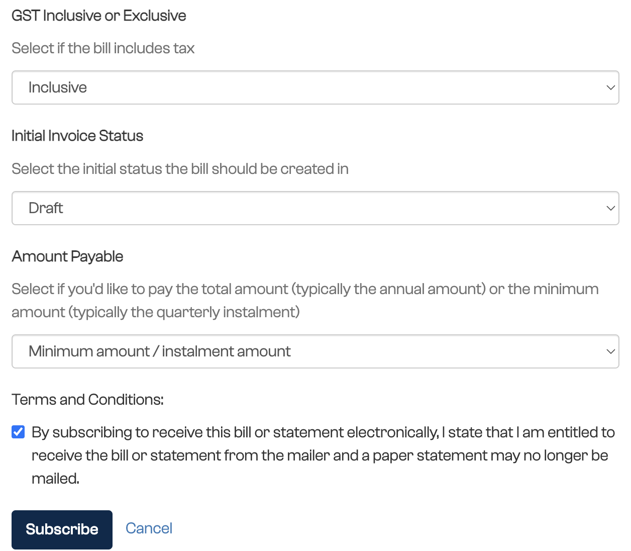 The Xero subscription fields for GST treatment, invoice status and amount payable