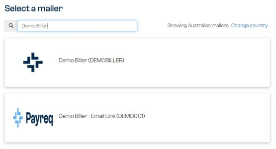 Select a mailer page showing two neutral Demo Biller services