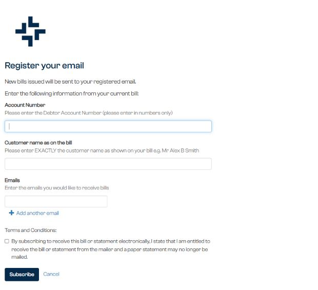 Blank subscription verification form with account number, customer name, email and terms controls