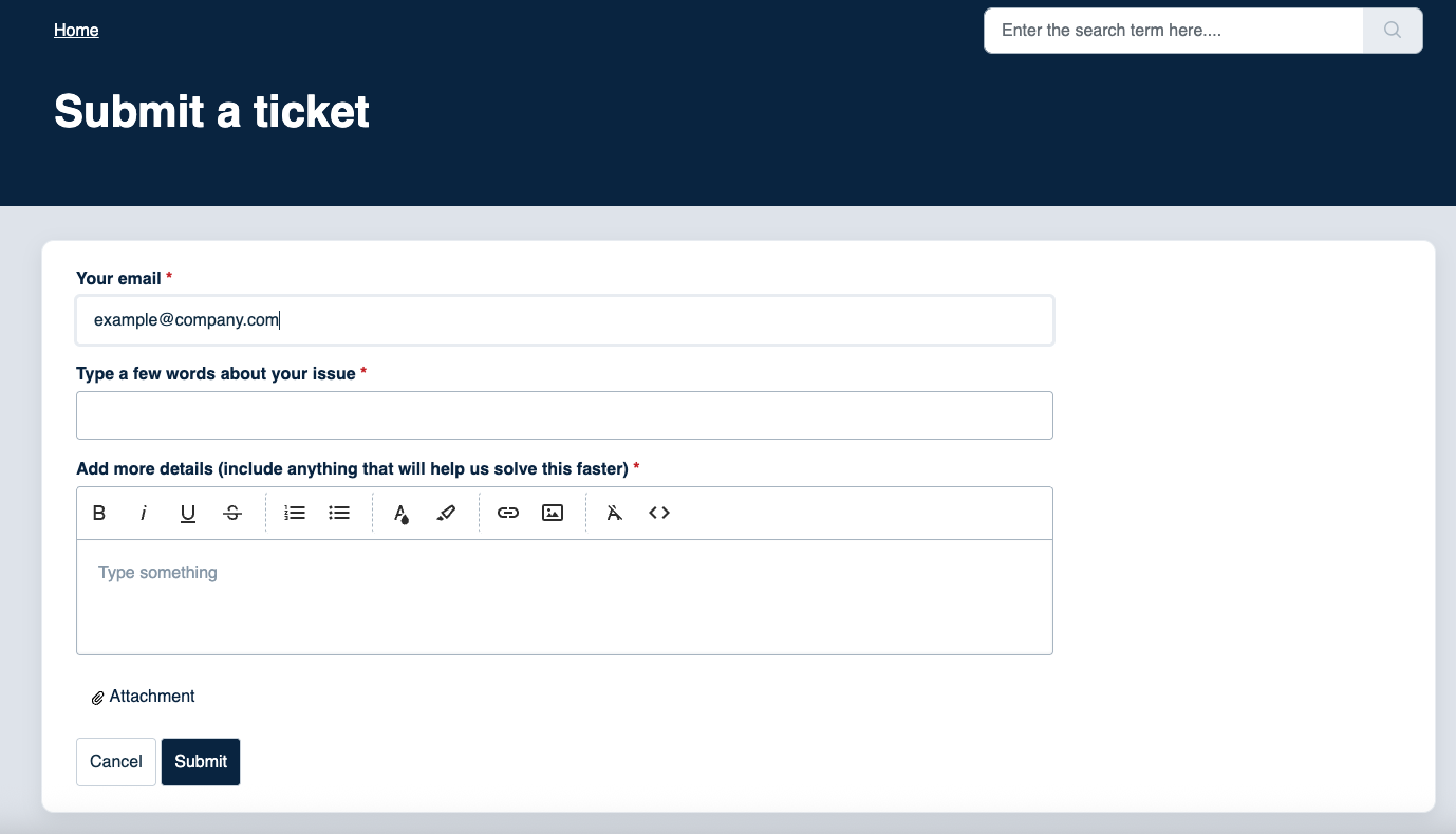 Payreq Help Centre Submit a ticket form showing the required email, issue summary and details fields, optional attachment and Submit button