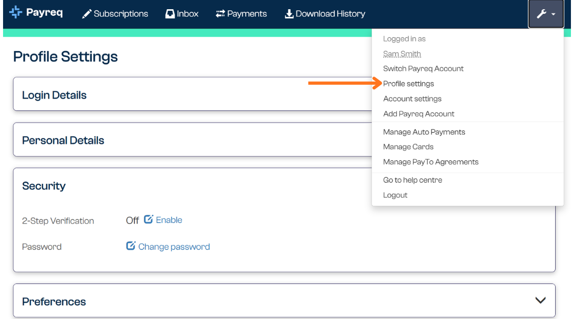 Profile settings showing 2-Step Verification security controls