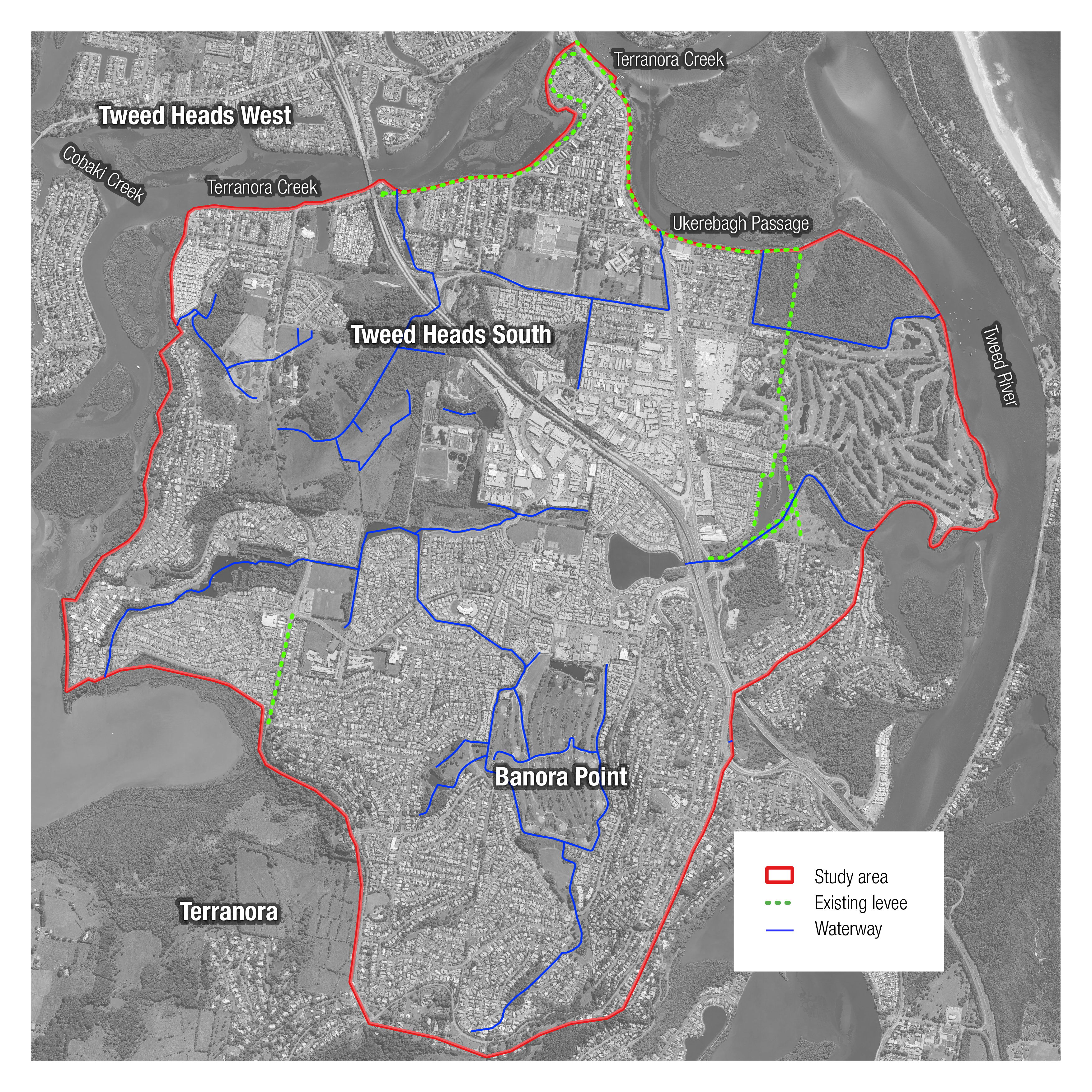 Tweed Heads South levee and drainage study area map 