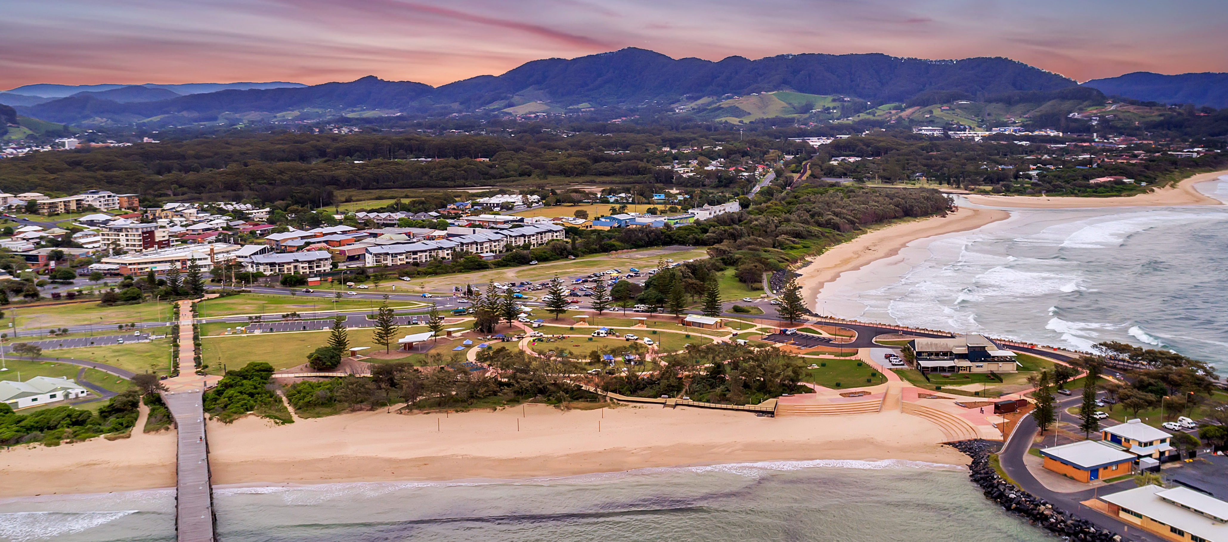 Drone Photo of Coffs Harbour Jetty area looking towards the mountains