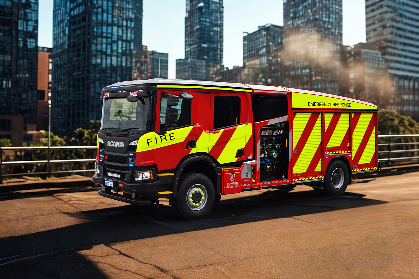 Scania Fire Engine in City Skyline Yellow Updated