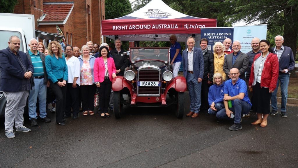 Church leaders and supporters gather outside Wahroonga Seventh-day Adventist Church for the Right Around Australia launch event.