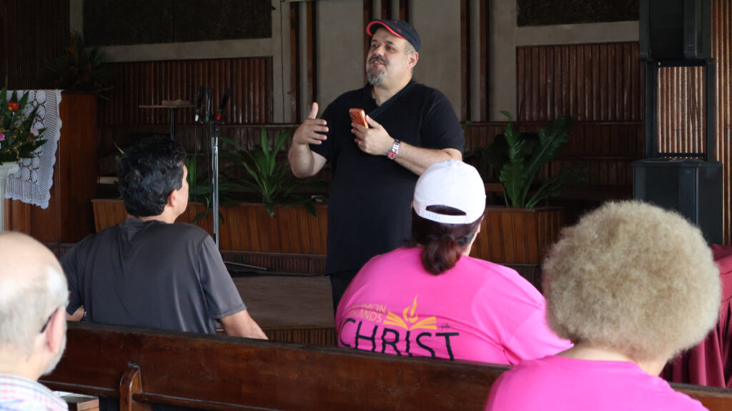 Pastor Alban Matohiti speaking to the presenters in Kukum Adventist Church as part of the Solomon Islands for Christ initiative.