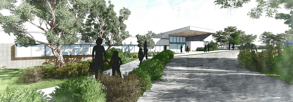 An artist rendering of the school's front office building
