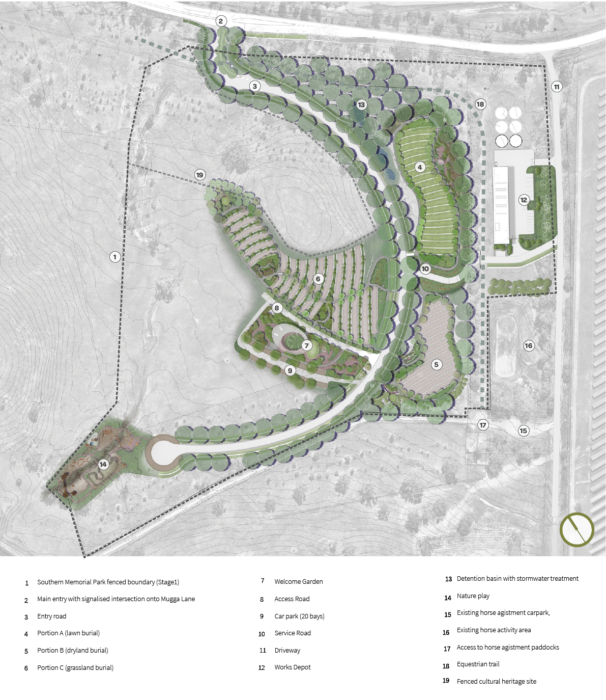 Stage one of the works include 2500 burial plots, a signalised entry onto Mugga Lane and a works depot.