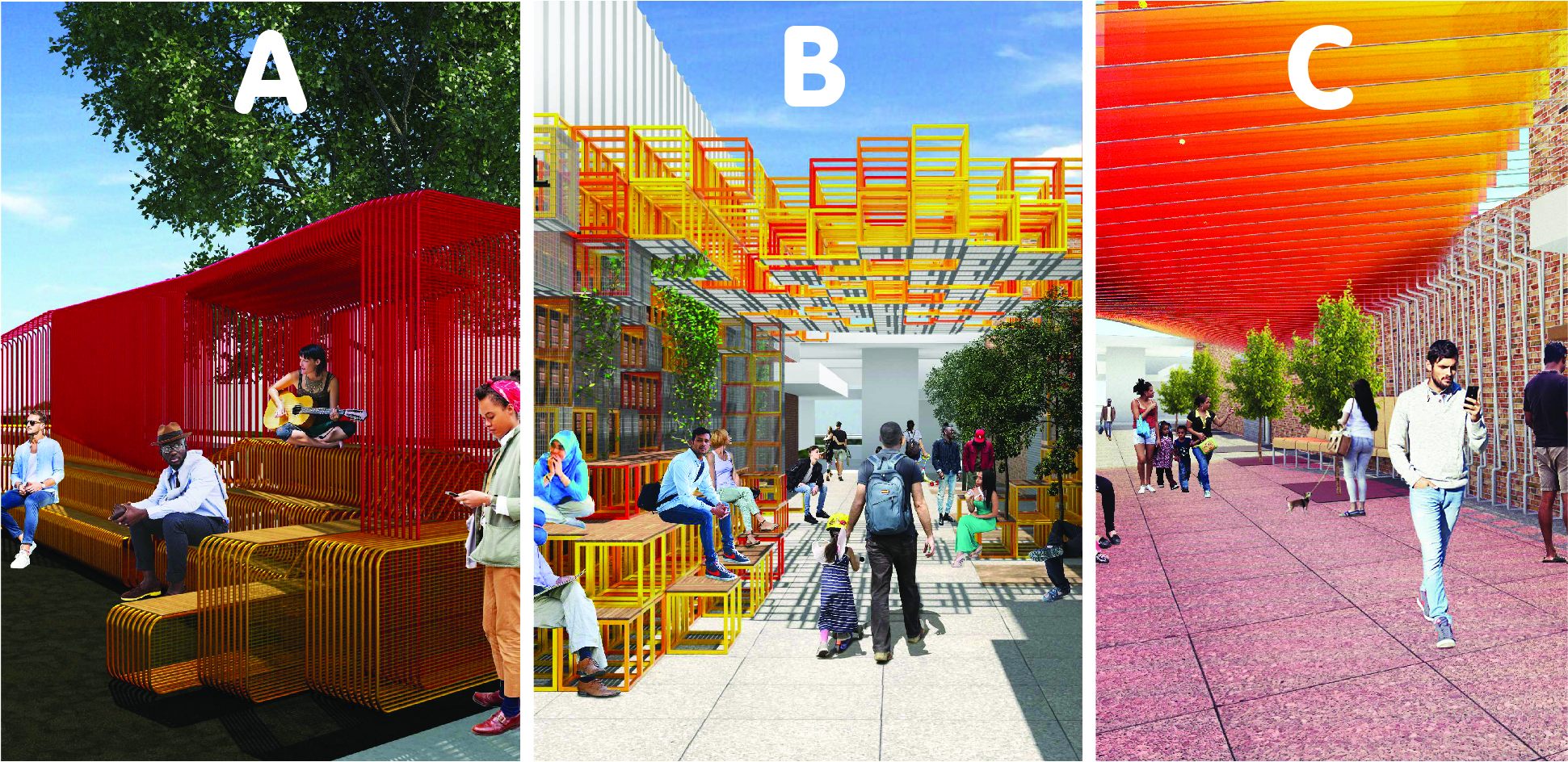 3 designs options labeled A, B, C