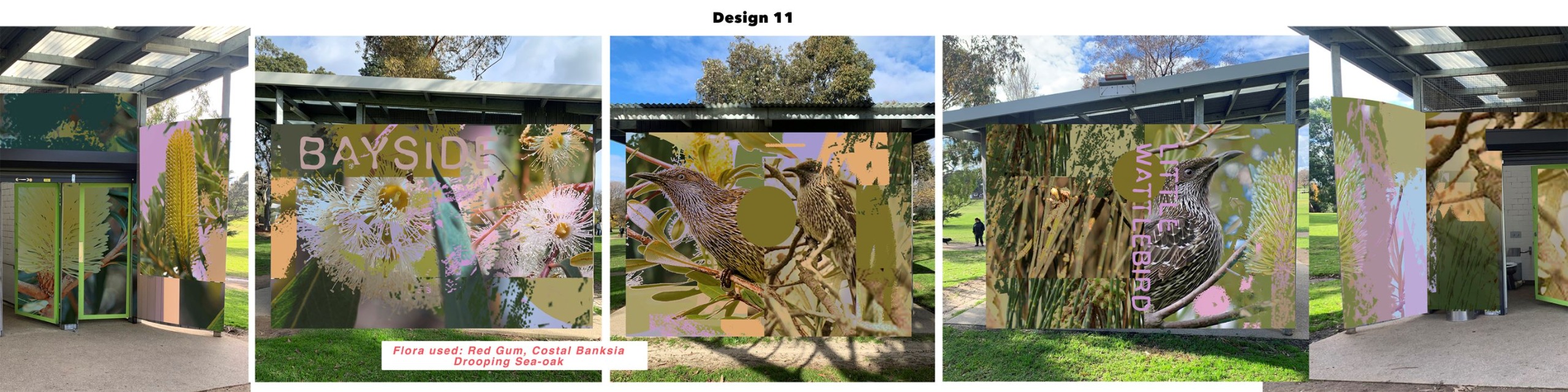 Artist impression of design on wall of public toilet - shows birds and trees