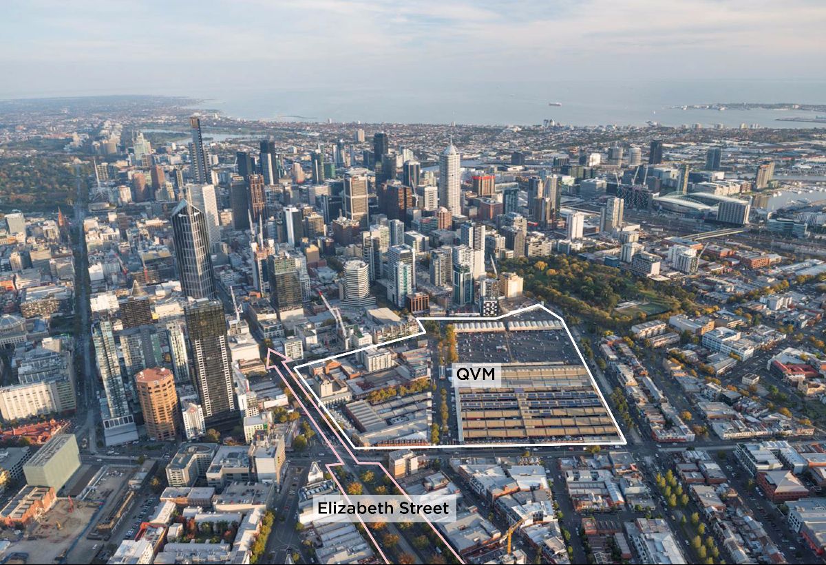 Birds eye view of Melbourne with a boundary line around QVM and Elizabeth Street.