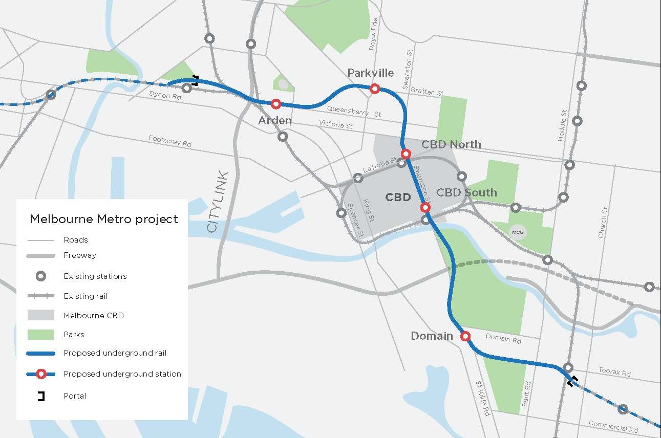 Map showing the Melbourne Metro rail line.