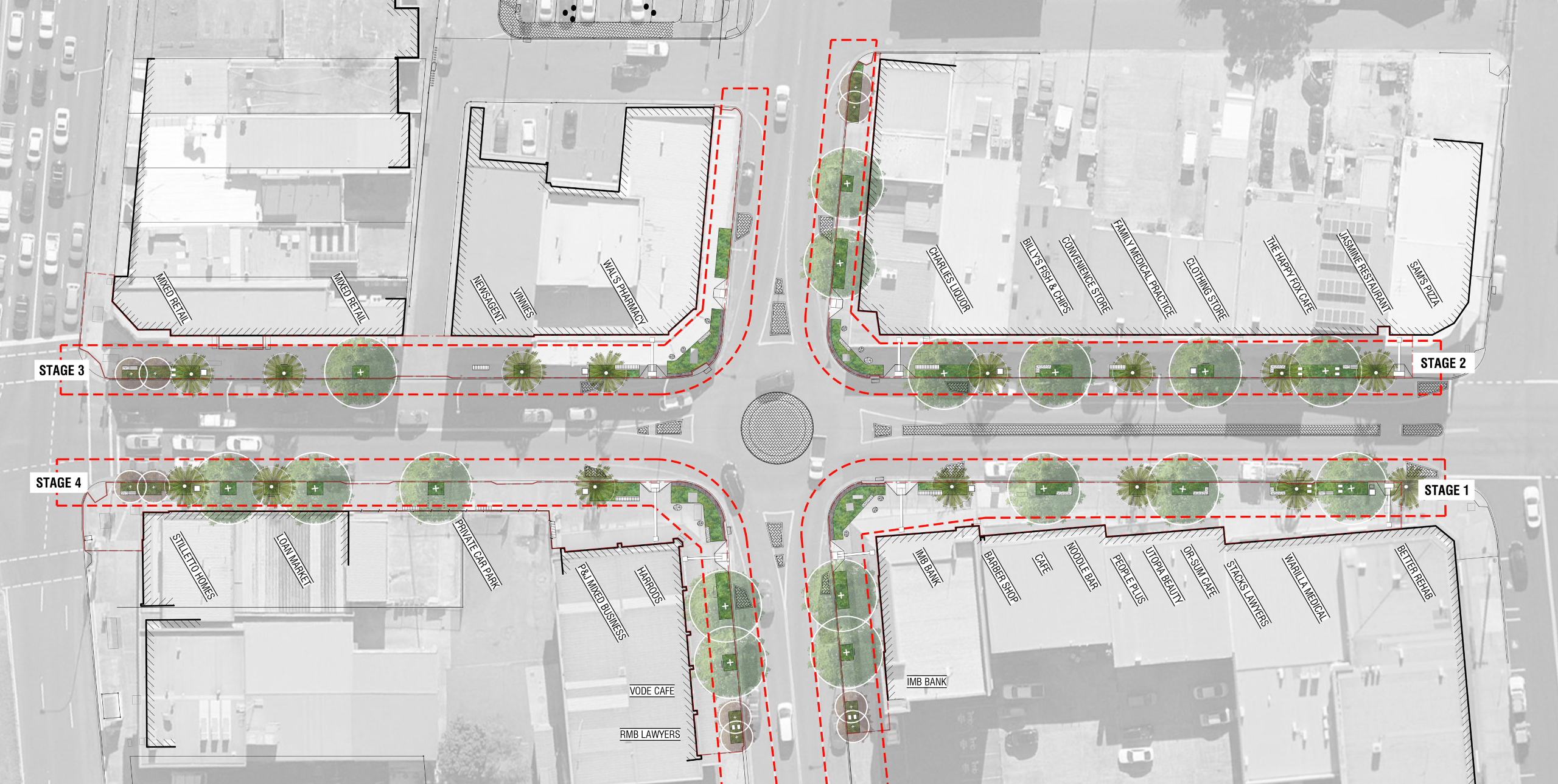 Final concept design of the Warilla Town Centre Upgrade, showing the four stages for completion: Stage 1 is the south-eastern block of Brian Avenue and George Street, down to Terry Avenue; Stage 2 is the north-eastern block of Beverley Avenue and George S