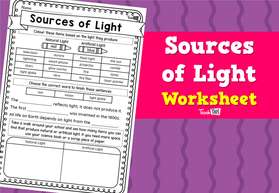 Sources of Light - Worksheet