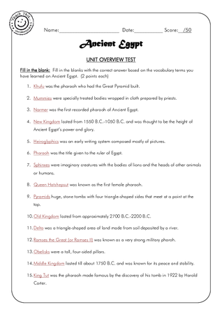 Ancient Egypt - Unit Overview Test Answers