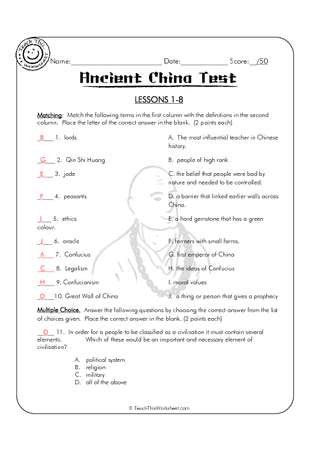 Ancient China - Test 1 (Lessons 1-8) Answers
