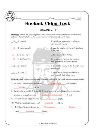 Ancient China - Test 2 (Lessons 9-16) Answers