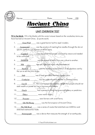 Ancient China - Unit Overview Test Answers